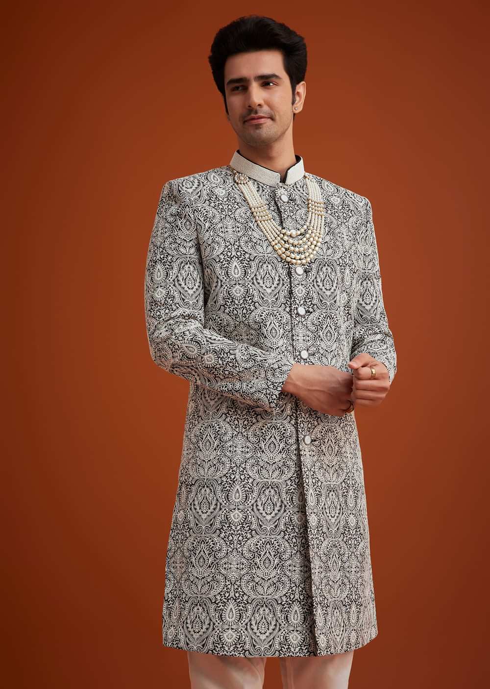 Black Silk Sherwani Set With Embroidery And Bead Work