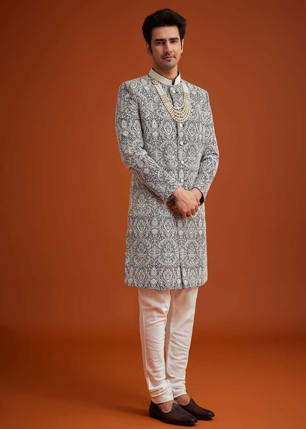 Black Silk Sherwani Set With Embroidery And Bead Work