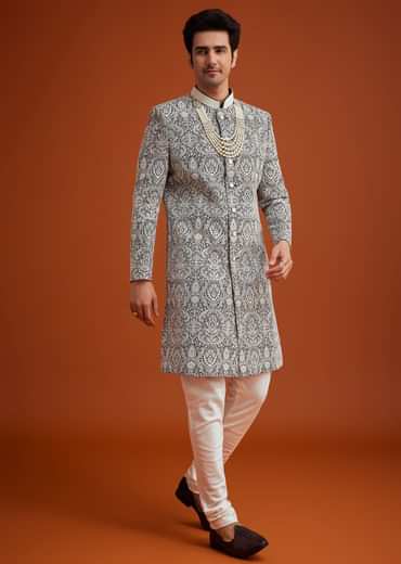 Black Silk Sherwani Set With Embroidery And Bead Work