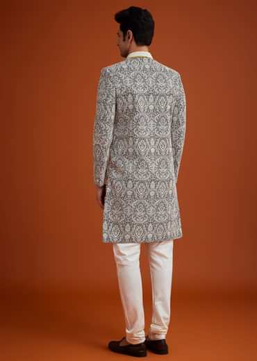 Black Silk Sherwani Set With Embroidery And Bead Work