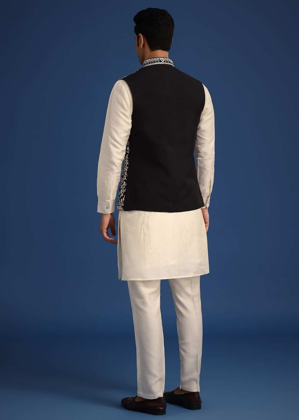 Black Silk Thread Work Jacket And Kurta Set