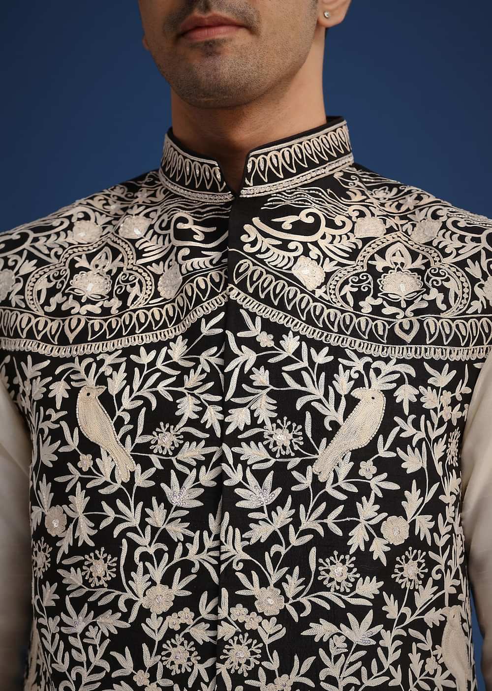 Black Silk Thread Work Jacket And Kurta Set