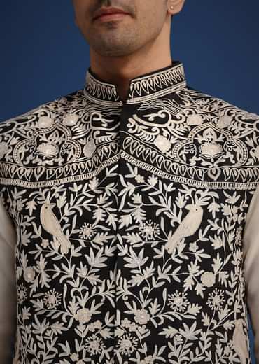 Black Silk Thread Work Jacket And Kurta Set