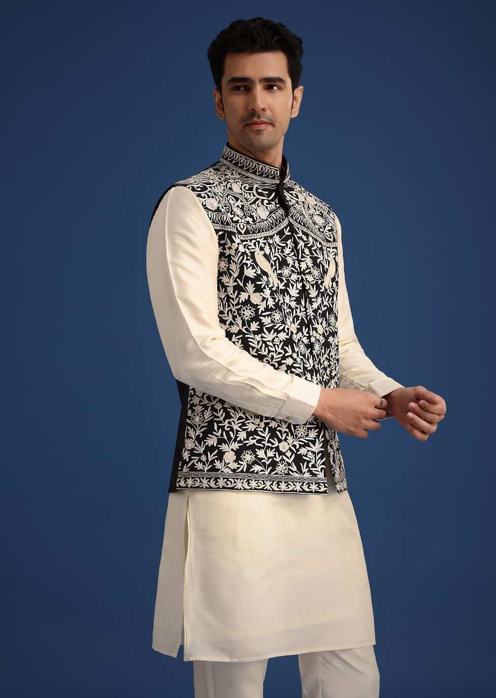 Black Silk Thread Work Jacket And Kurta Set