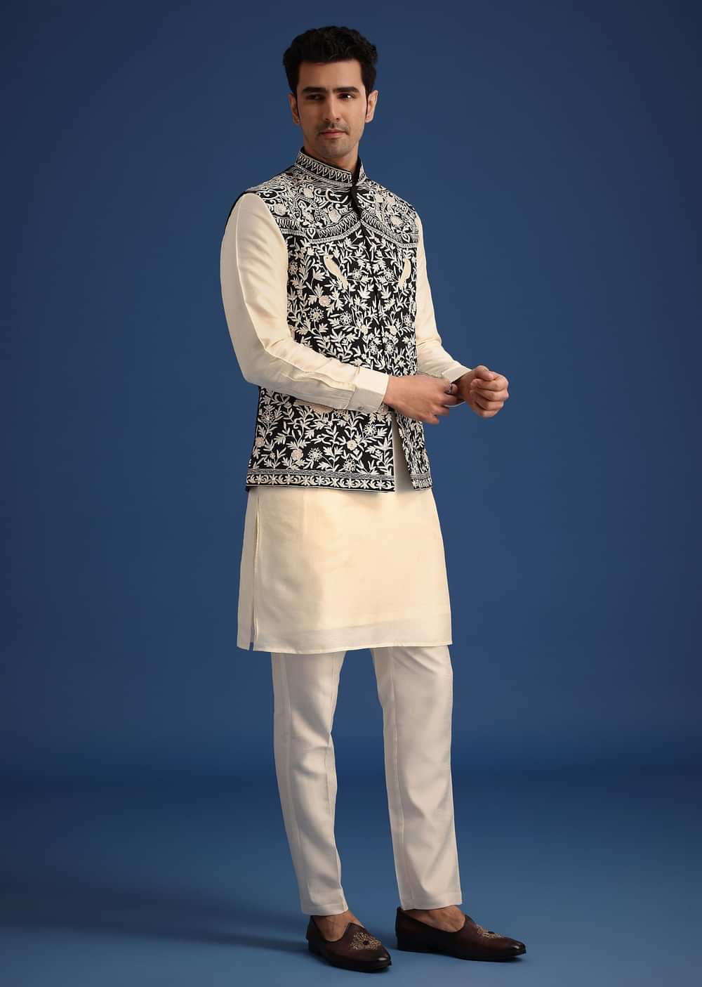 Black Silk Thread Work Jacket And Kurta Set