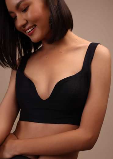 Black Sleeveless Blouse In Raw Silk With Sweetheart Neckline Thick Strap With Back Hook Closure