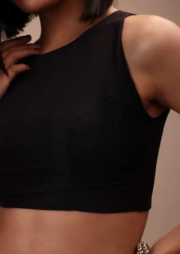 Black Sleeveless Blouse With Round Neckline, Straight Hemline, And Back Zip Closure