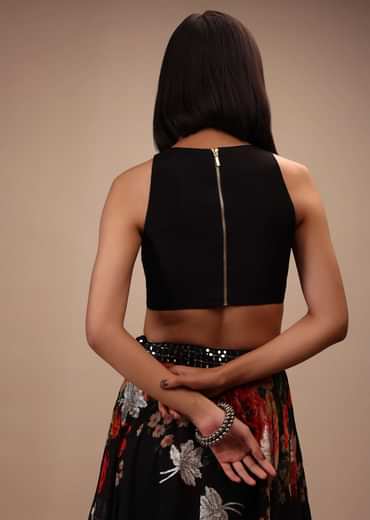 Black Sleeveless Blouse With Round Neckline, Straight Hemline, And Back Zip Closure