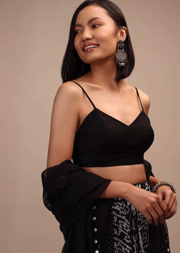 Black Spaghetti Sleeve Blouse In Raw Silk With A Sweetheart Neckline