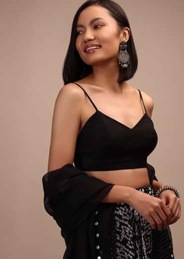 Black Spaghetti Sleeve Blouse In Raw Silk With A Sweetheart Neckline