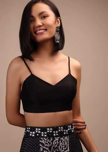 Black Spaghetti Sleeve Blouse In Raw Silk With A Sweetheart Neckline