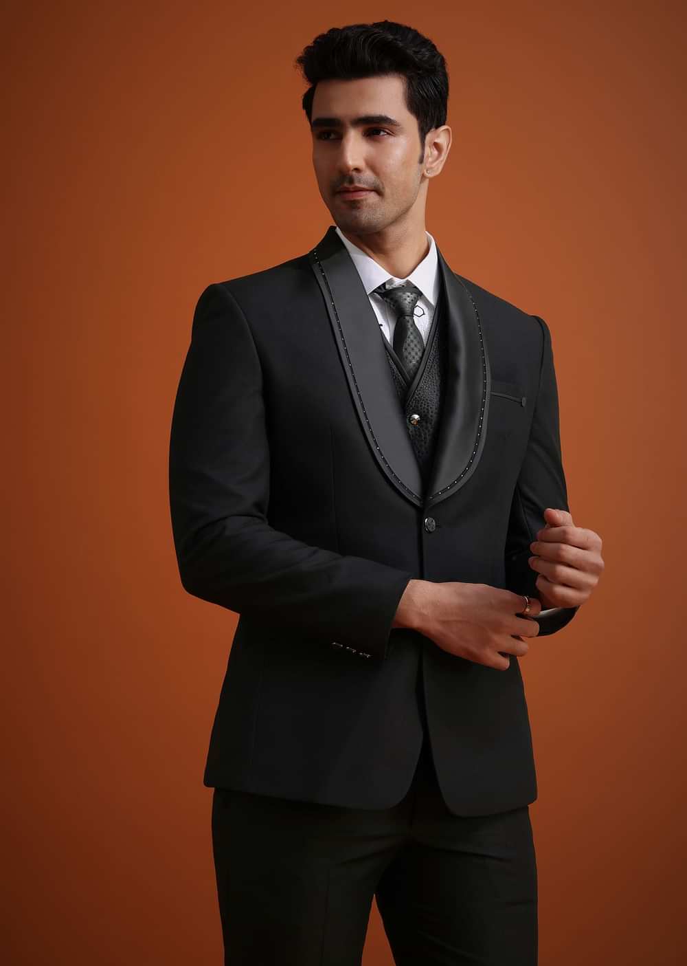 Black Stone Work Terry Rayon Tuxedo And Pant Set