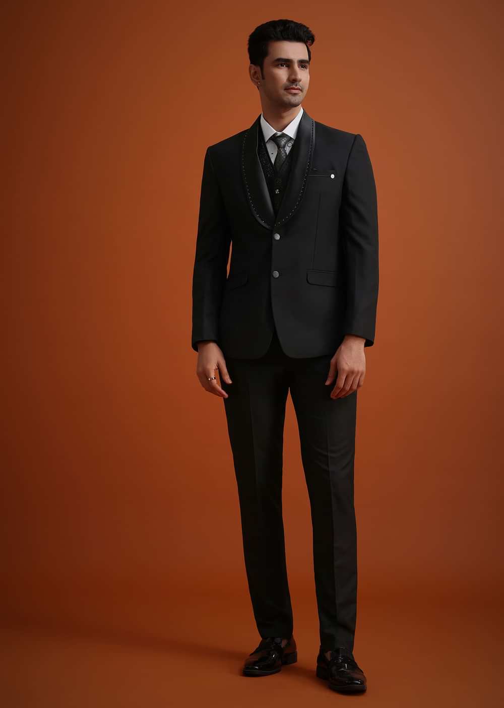 Black Stone Work Terry Rayon Tuxedo And Pant Set