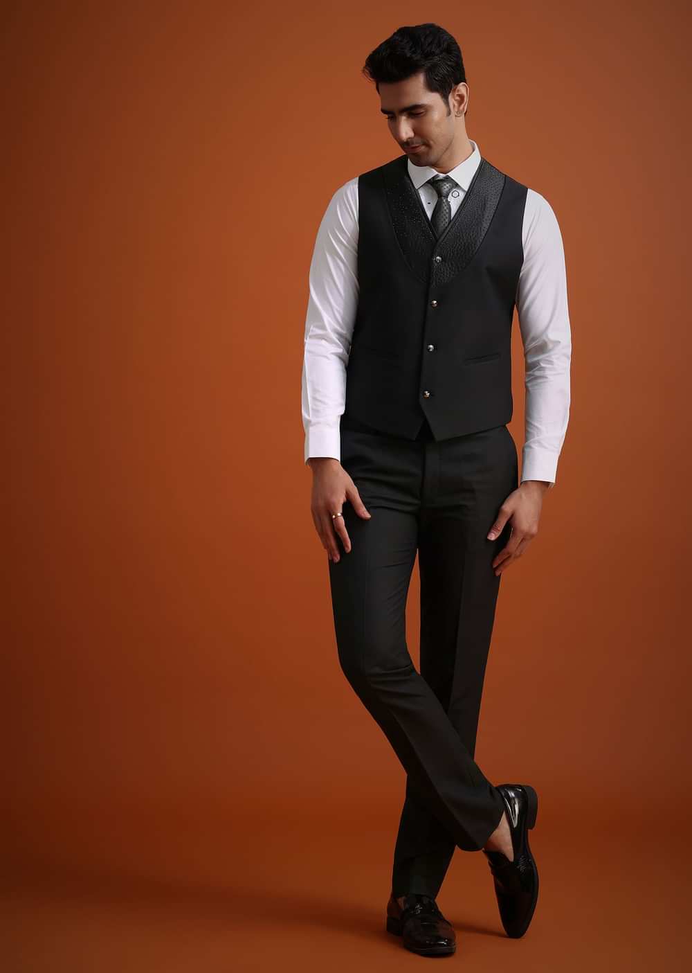 Black Stone Work Terry Rayon Tuxedo And Pant Set