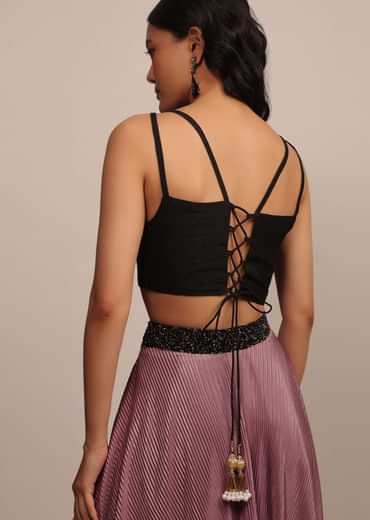 Black Strappy Sleeveless Raw Silk Blouse With V Neckline