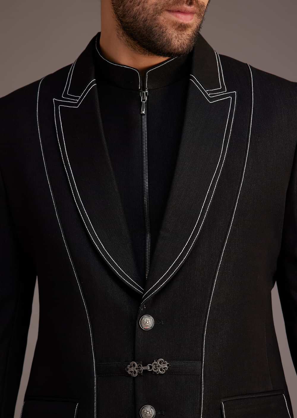 Black Suit With White Piping And Chain Detail