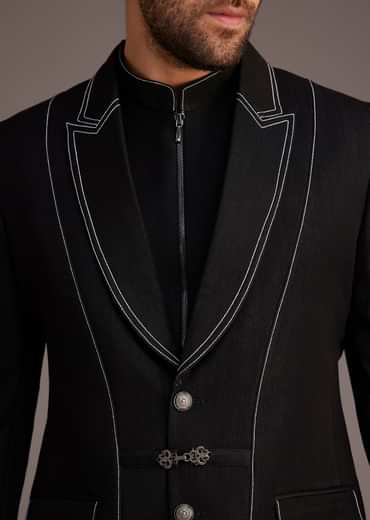 Black Suit With White Piping And Chain Detail