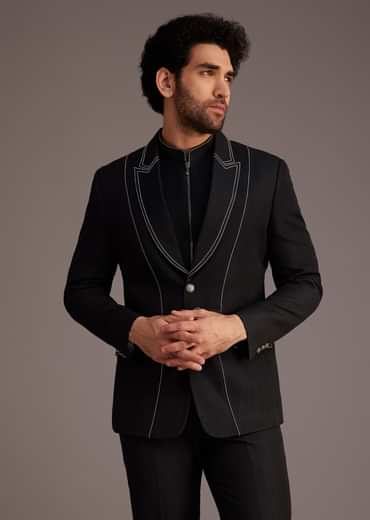 Black Suit With White Piping And Chain Detail