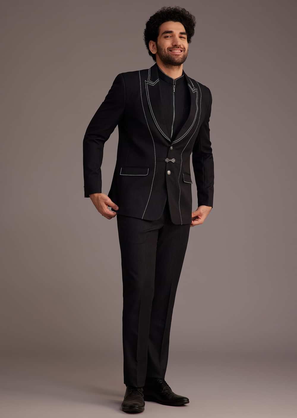 Black Suit With White Piping And Chain Detail