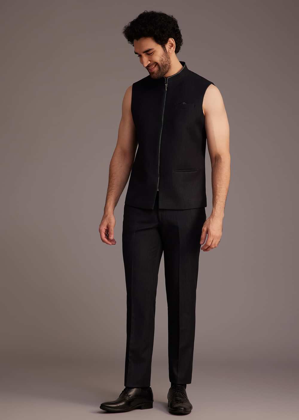 Black Suit With White Piping And Chain Detail