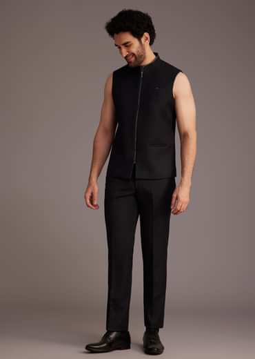 Black Suit With White Piping And Chain Detail