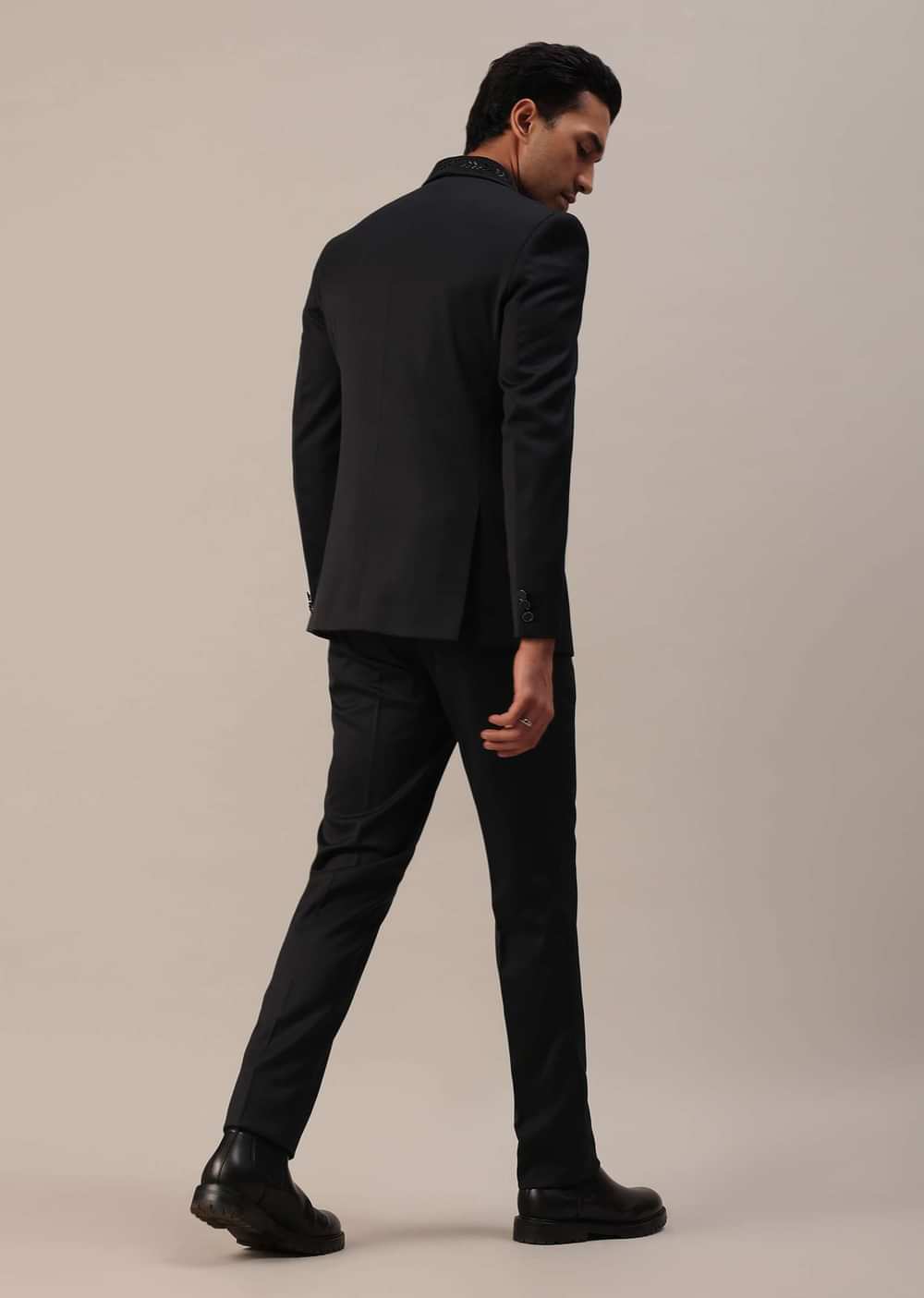 Black Terry Rayon Tuxedo Set With Cut Work Embroidery