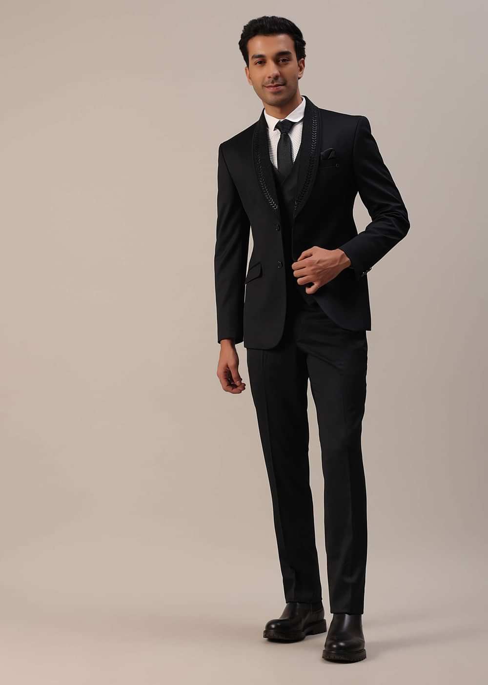 Black Terry Rayon Tuxedo Set With Cut Work Embroidery