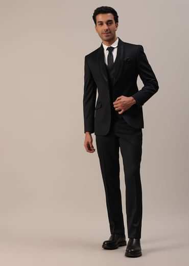 Black Terry Rayon Tuxedo Set With Cut Work Embroidery