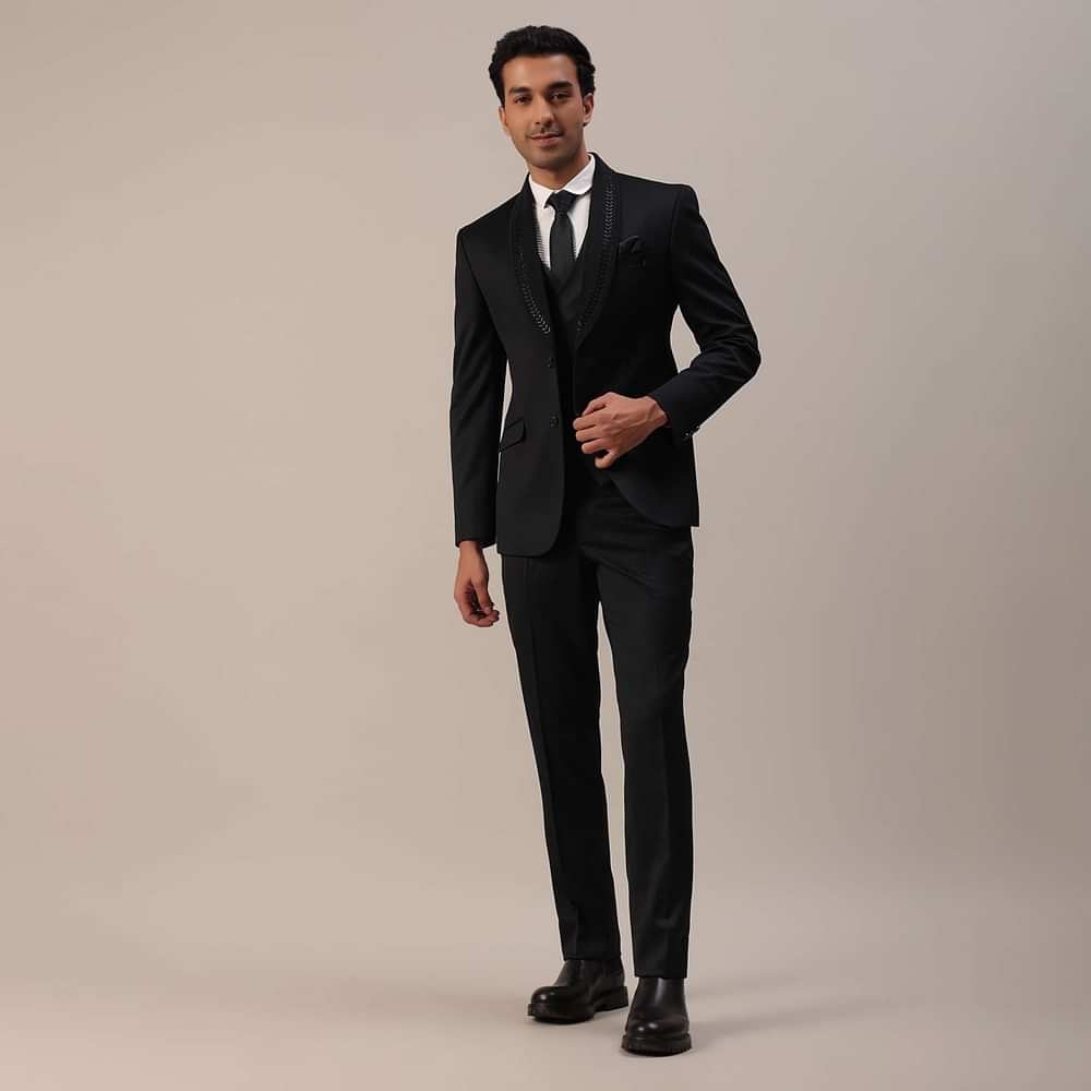 Black Terry Rayon Tuxedo Set With Cut Work Embroidery