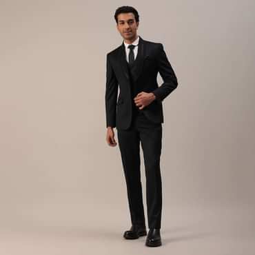 Black Terry Rayon Tuxedo Set With Cut Work Embroidery