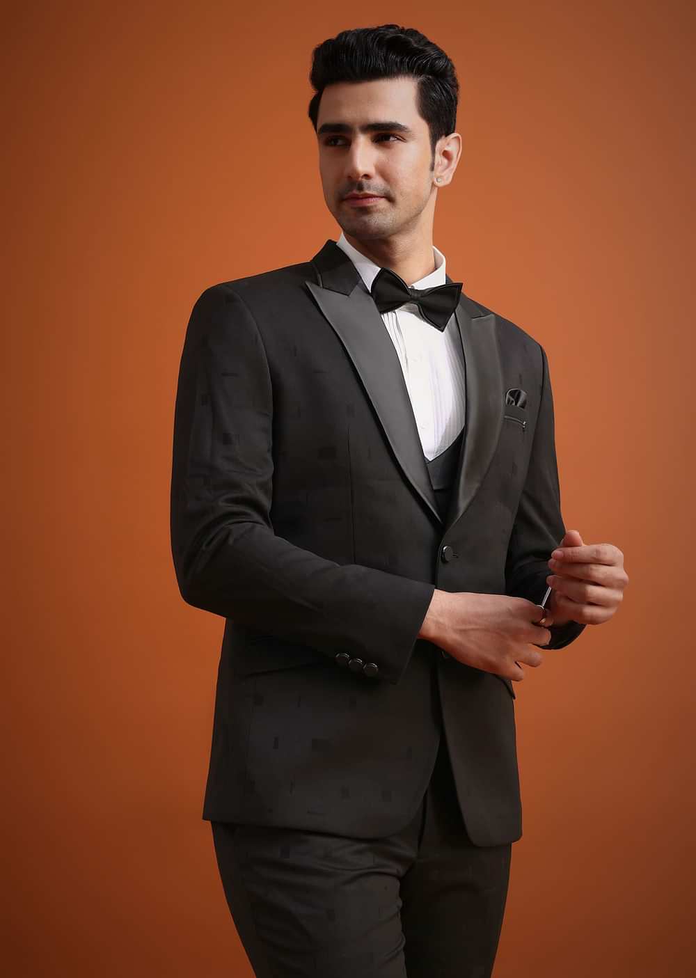 Black Terry Rayon Tuxedo, Waistcoat And Pant Set