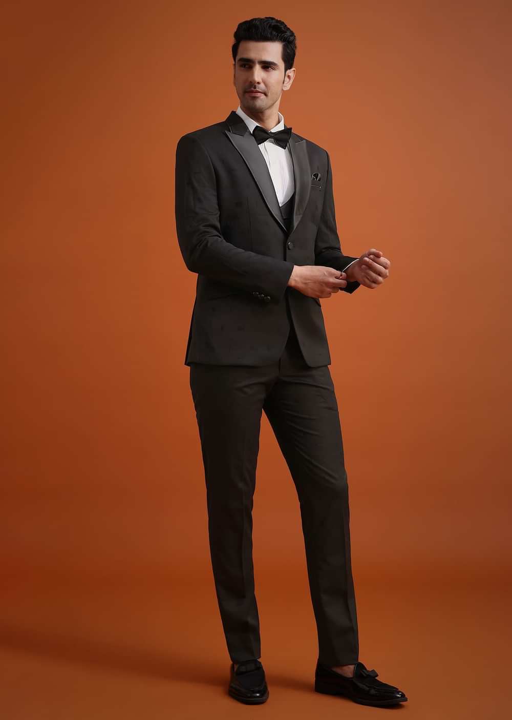 Black Terry Rayon Tuxedo, Waistcoat And Pant Set