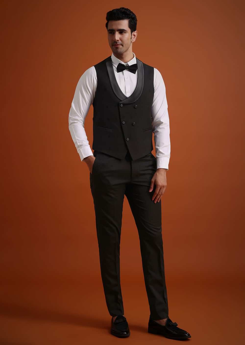 Black Terry Rayon Tuxedo, Waistcoat And Pant Set