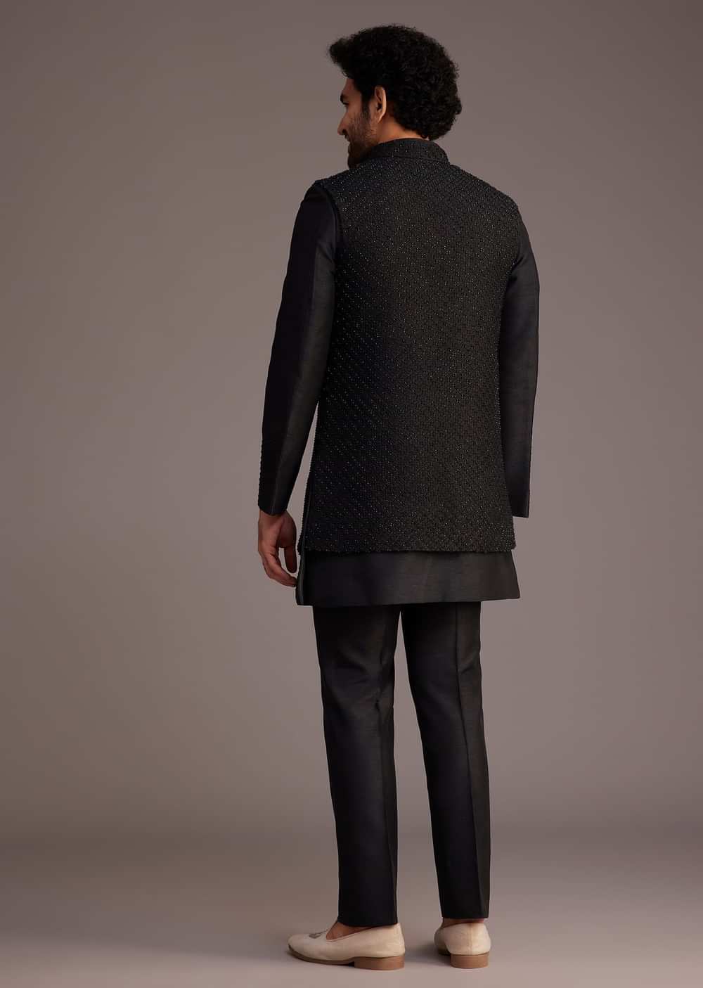 Black Textured Bandhgala With Embellished Full Sleeve Jacket