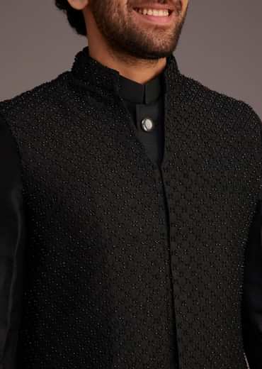 Black Textured Bandhgala With Embellished Full Sleeve Jacket