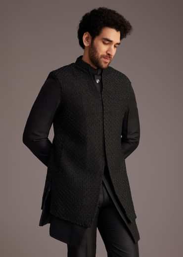 Black Textured Bandhgala With Embellished Full Sleeve Jacket