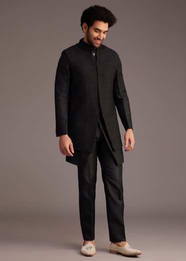 Black Textured Bandhgala With Embellished Full Sleeve Jacket