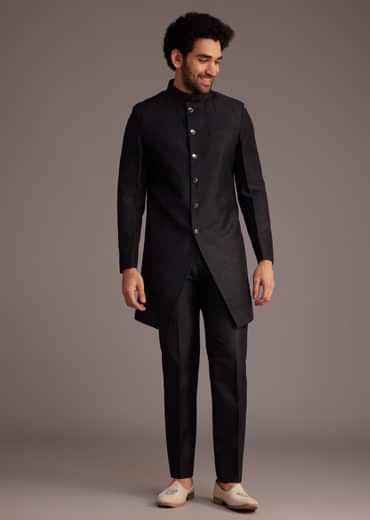 Black Textured Bandhgala With Embellished Full Sleeve Jacket