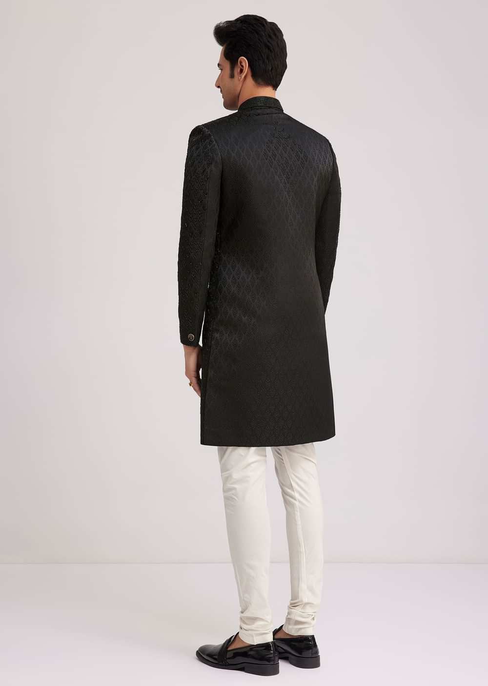 Black Textured Sherwani With Classic Button Detailing