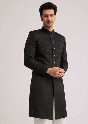 Black Textured Sherwani With Classic Button Detailing