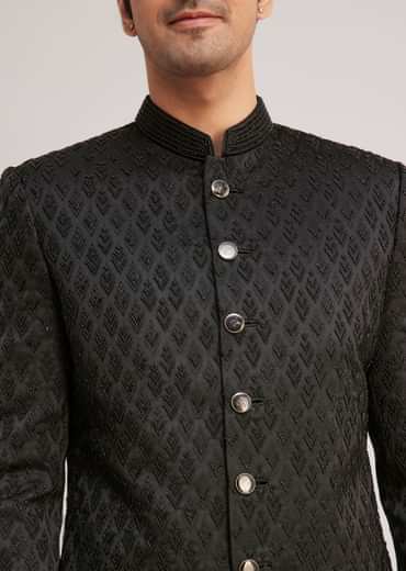 Black Textured Sherwani With Classic Button Detailing