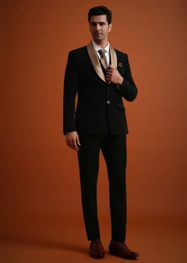 Black Tuxedo And Pant Set With Stone Work