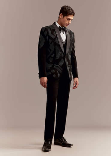 Black Tuxedo For Men With Modern Geometric Beadwork