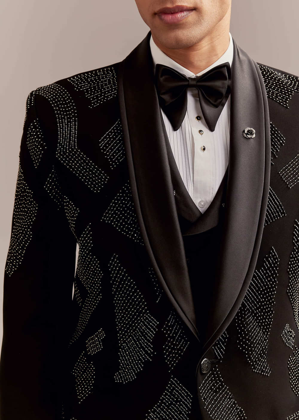 Black Tuxedo For Men With Modern Geometric Beadwork