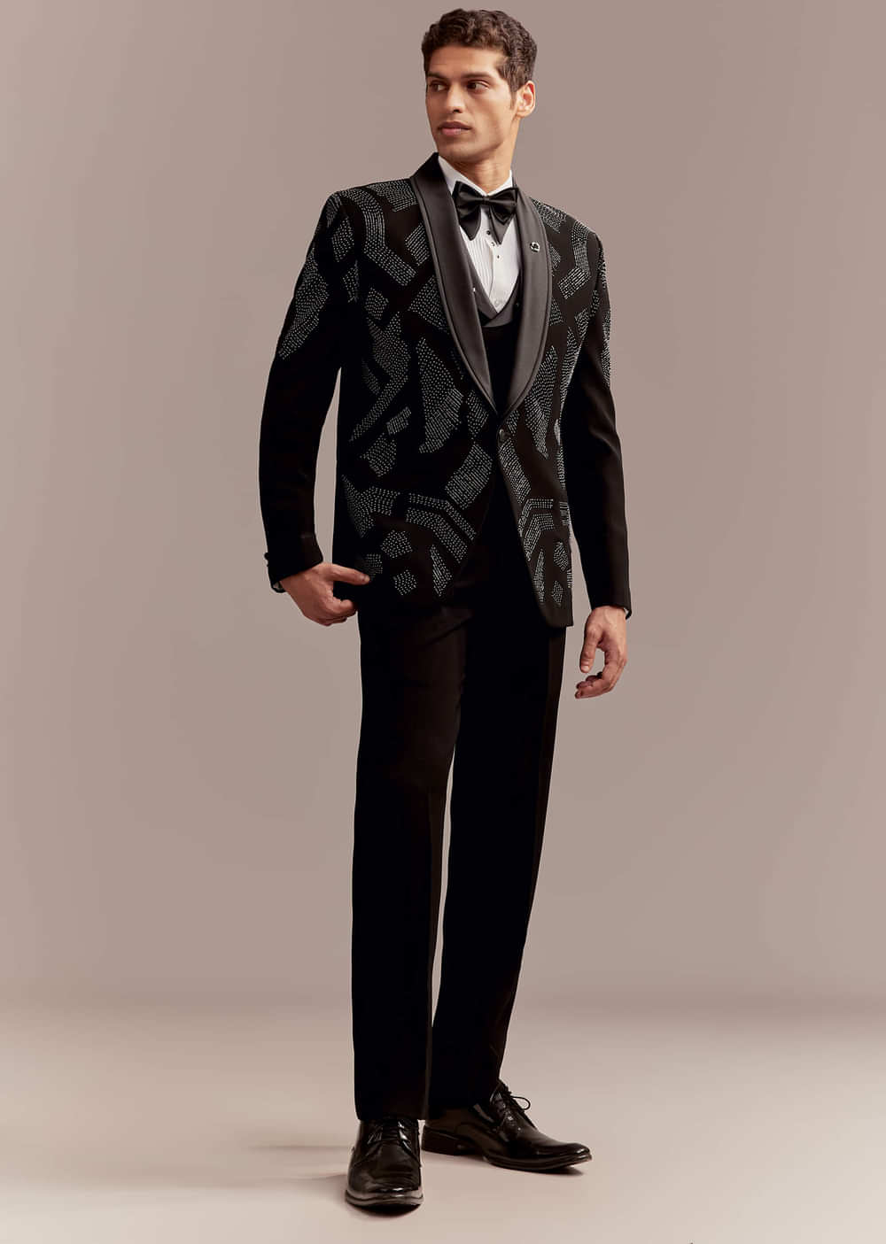 Black Tuxedo For Men With Modern Geometric Beadwork