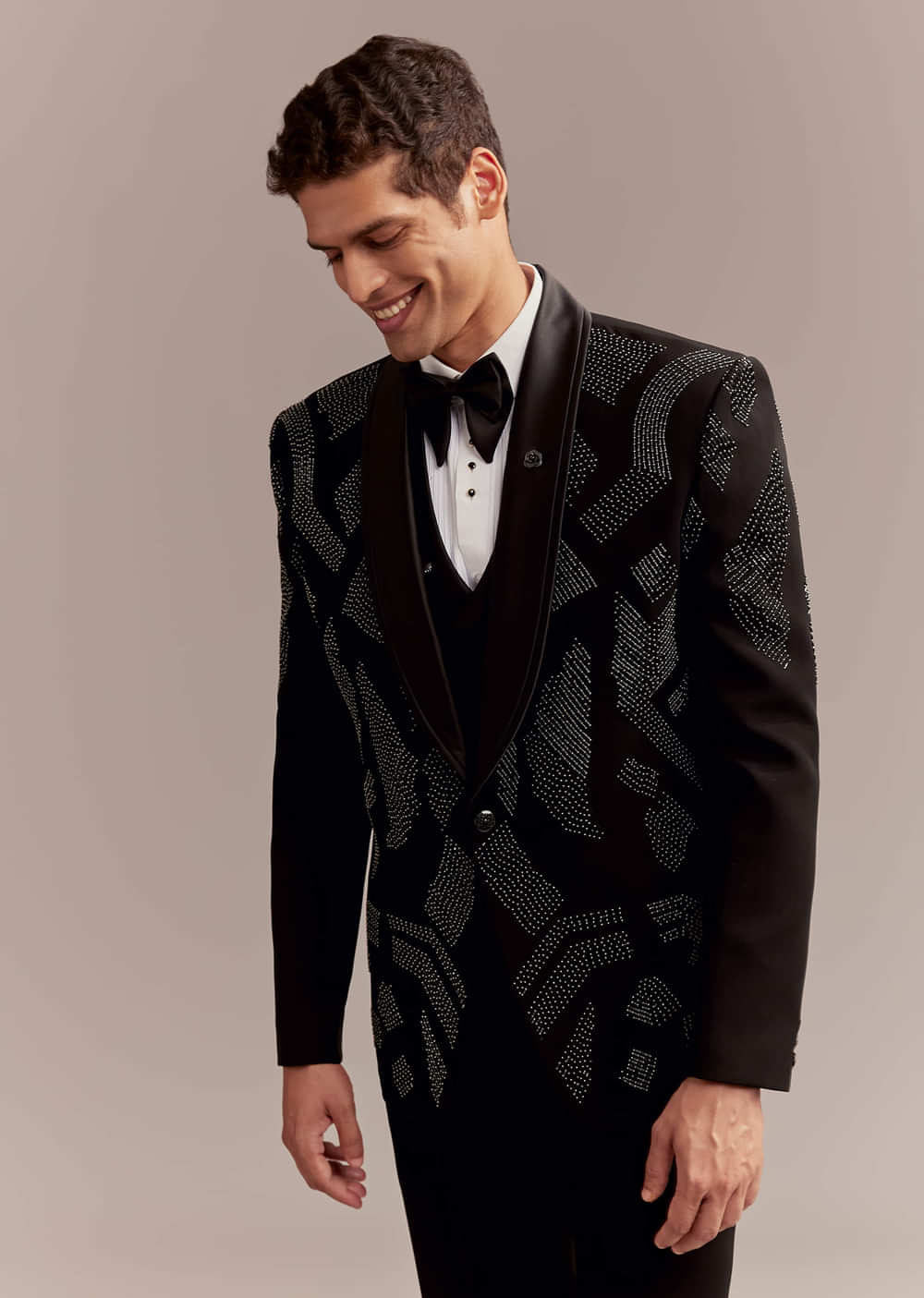Black Tuxedo For Men With Modern Geometric Beadwork