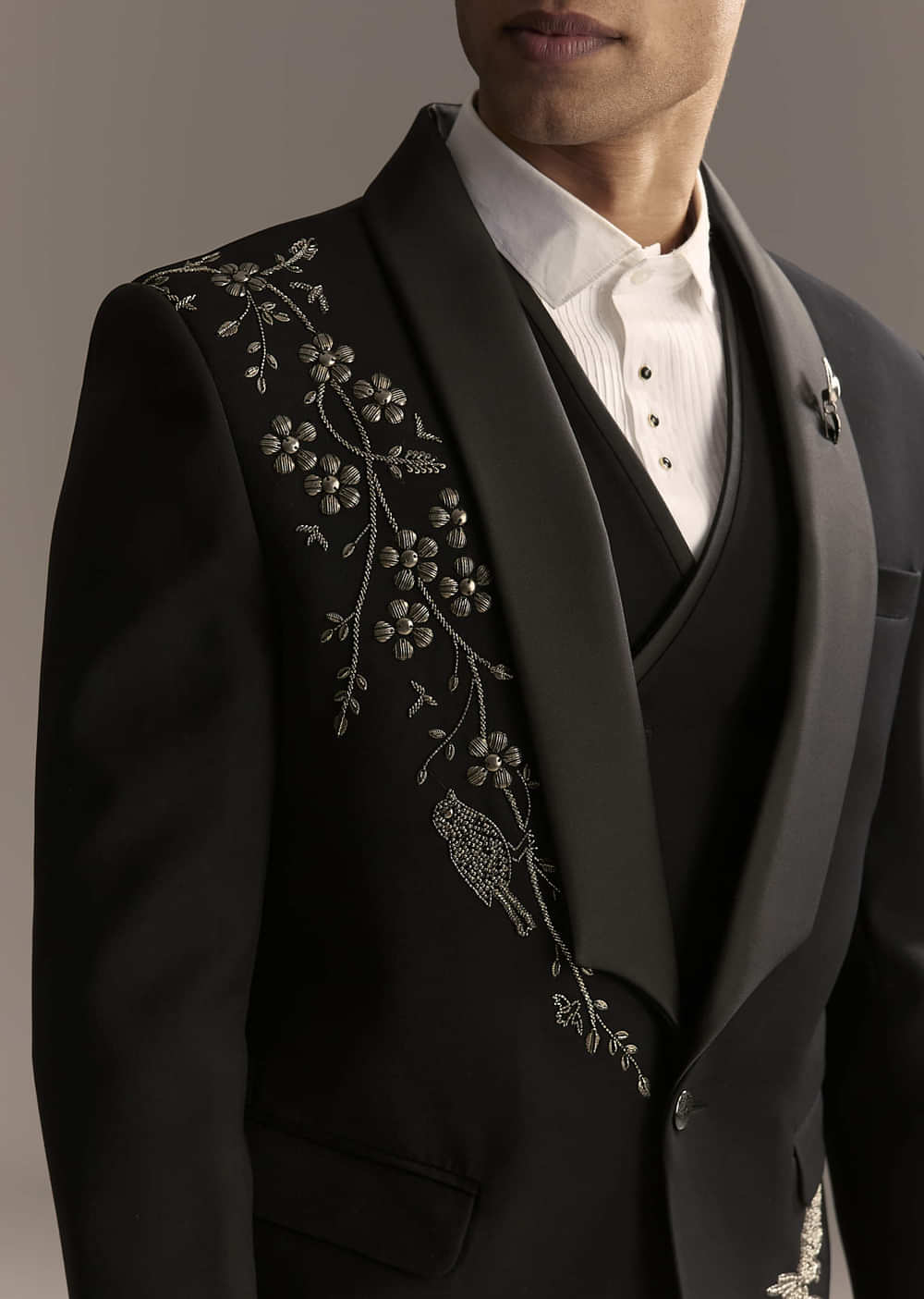 Black Tuxedo For Men With Rich Hand Embroidery