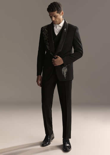 Black Tuxedo For Men With Rich Hand Embroidery