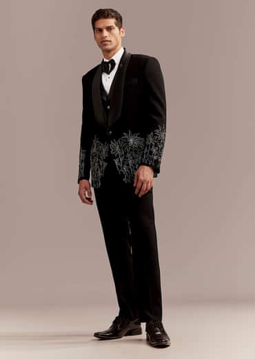 Black Tuxedo For Men With Silver Palm And Tiger Embroidery