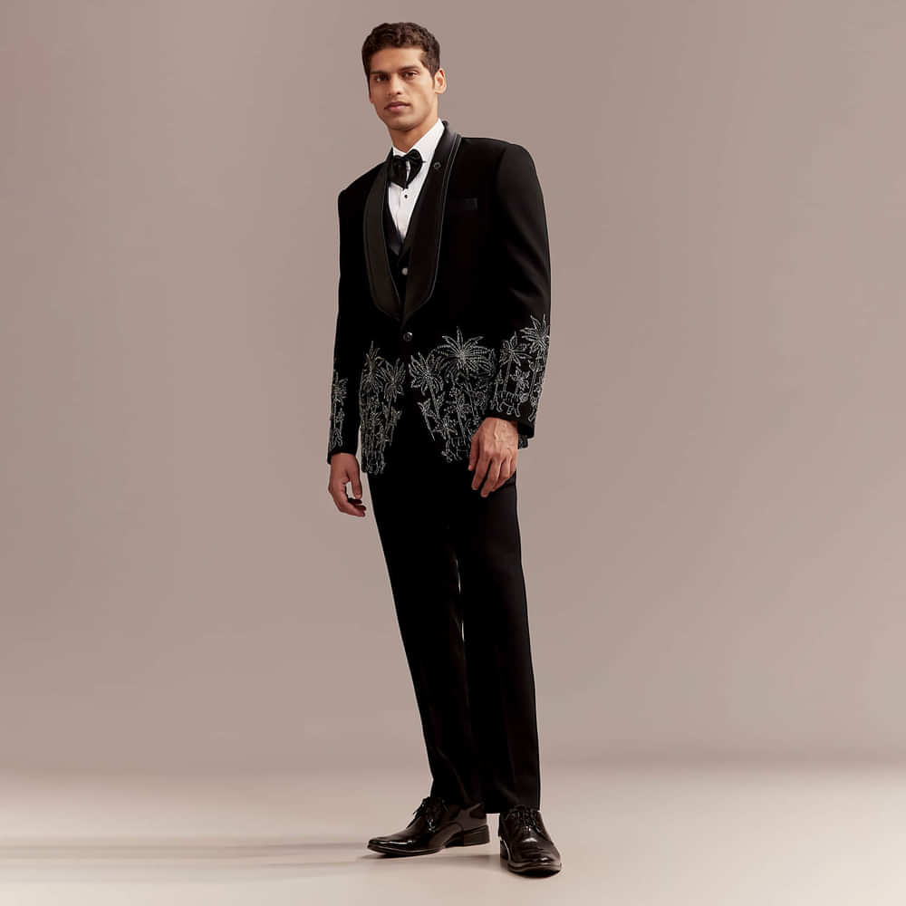 Black Tuxedo For Men With Silver Palm And Tiger Embroidery